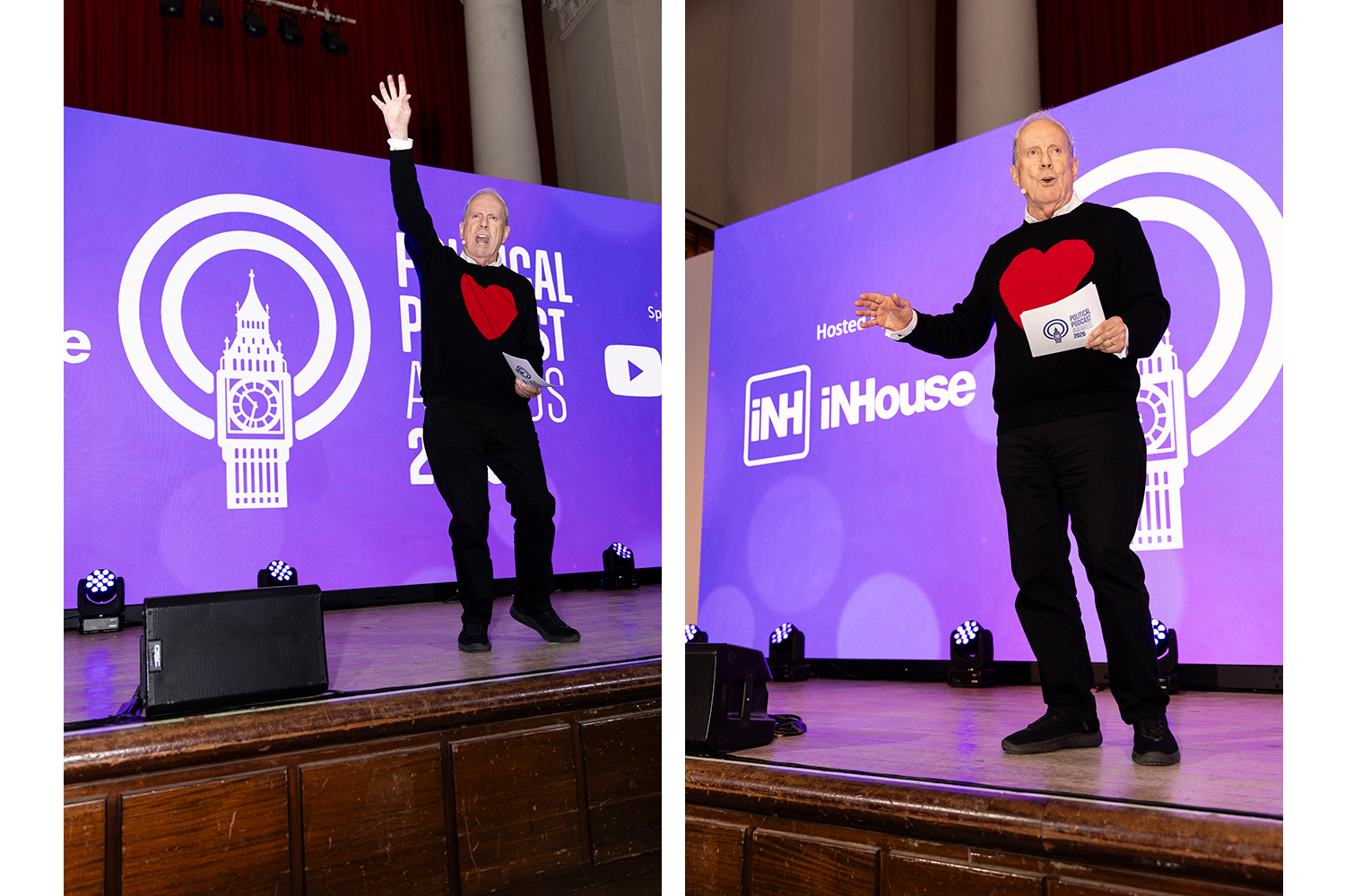 Gyles Brandrethspeaking on stage at Political Podcast Awards 2026 London event