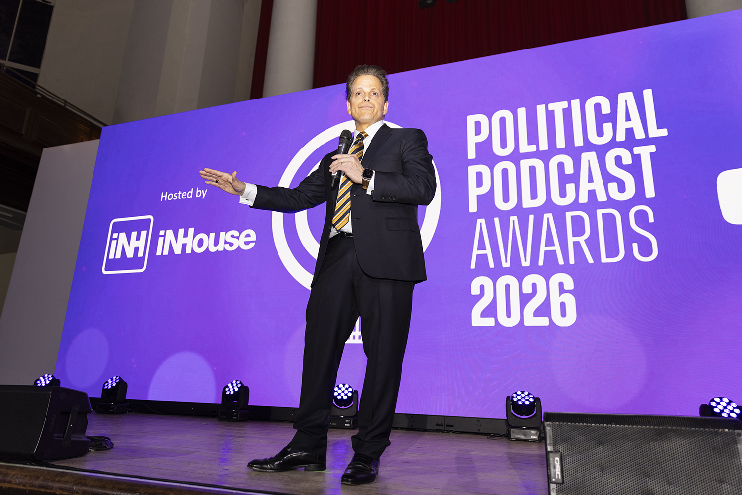Anthony Scaramucci speaking on stage at Political Podcast Awards 2026