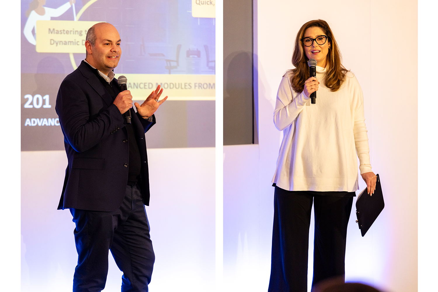 Corporate event speakers presenting on stage at Claridge’s London finance sector conference