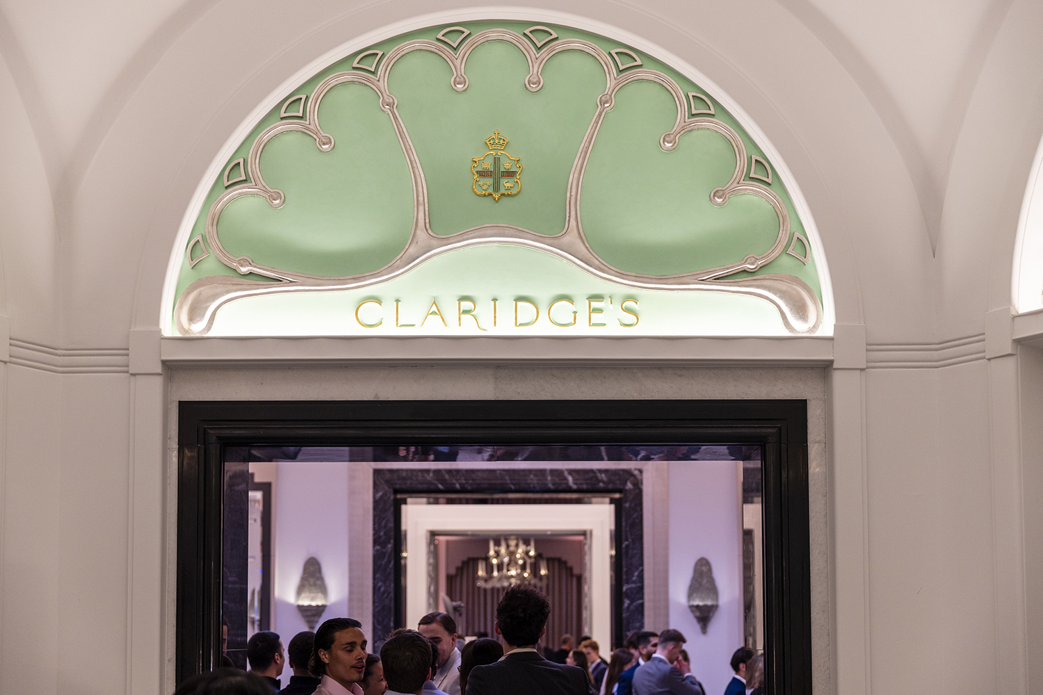 Claridge’s hotel entrance interior detail in London during corporate finance event